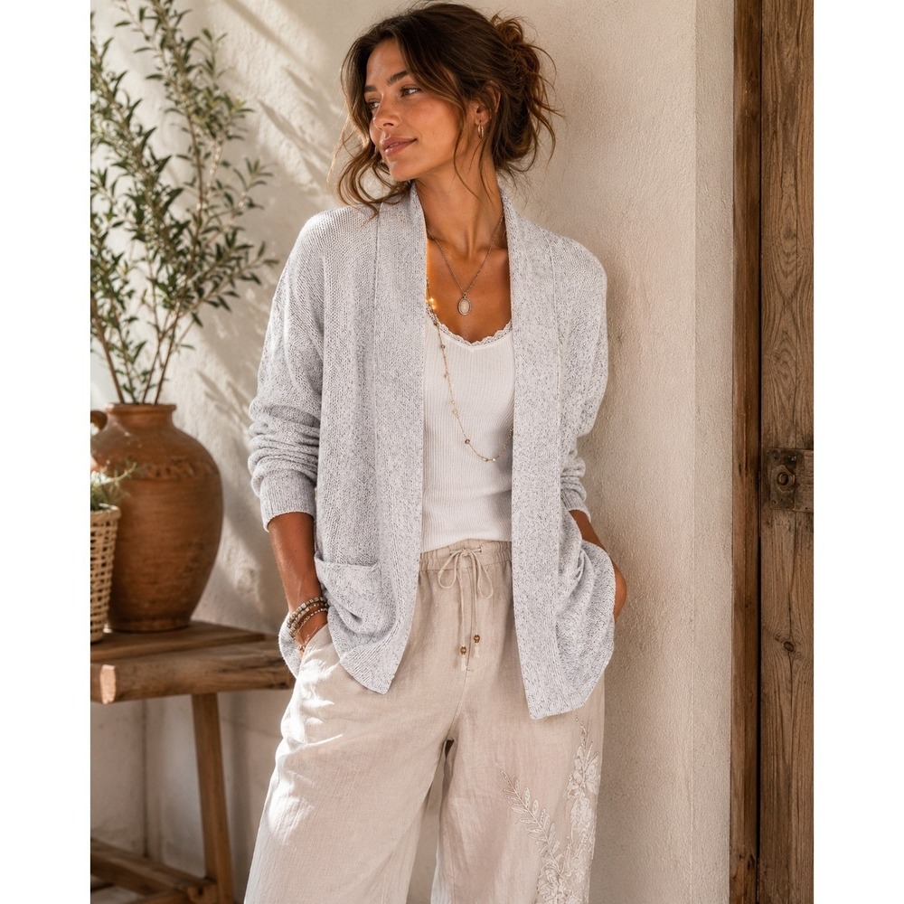 Pure Jill Cardigan Sweater Women S Oatmeal Fair Cotton Open Front Shawl Pocket